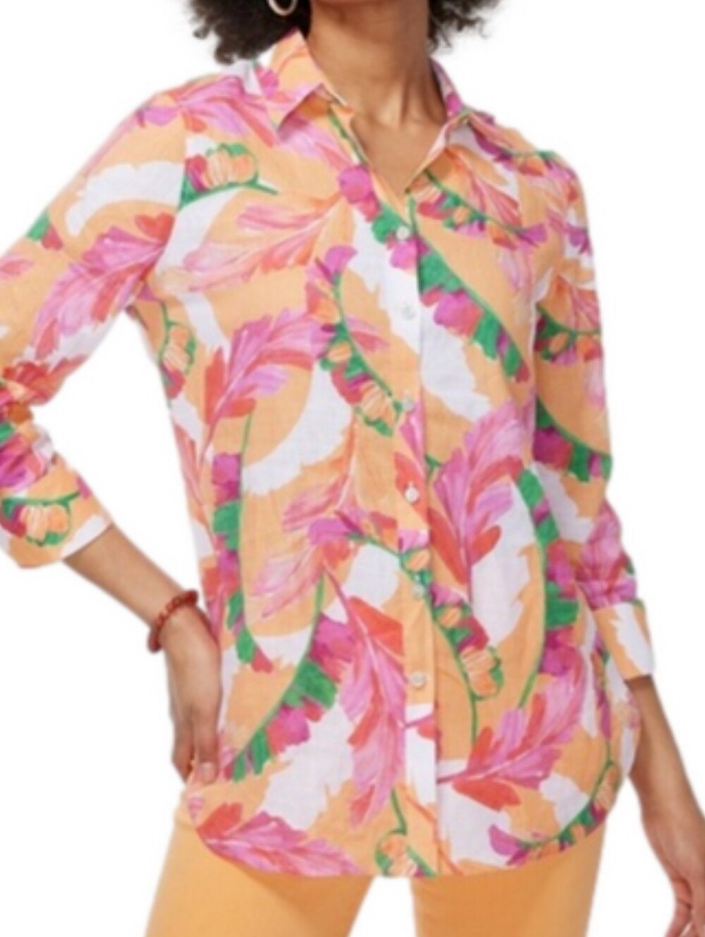 Chico’s Size US 10 No-Iron 100% Linen Tropical Floral Button Down Blouse
